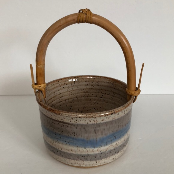 Art Pottery Glazed Basket Style Bowl With Bamboo Handle-Signed - Picture 2 of 15